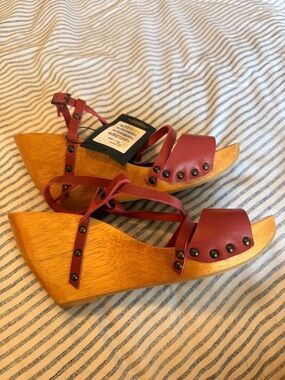 VIX Paula Hermanny Juliana Sandal Sz‎ 9 Watermelon Leather Wood Platform Clog